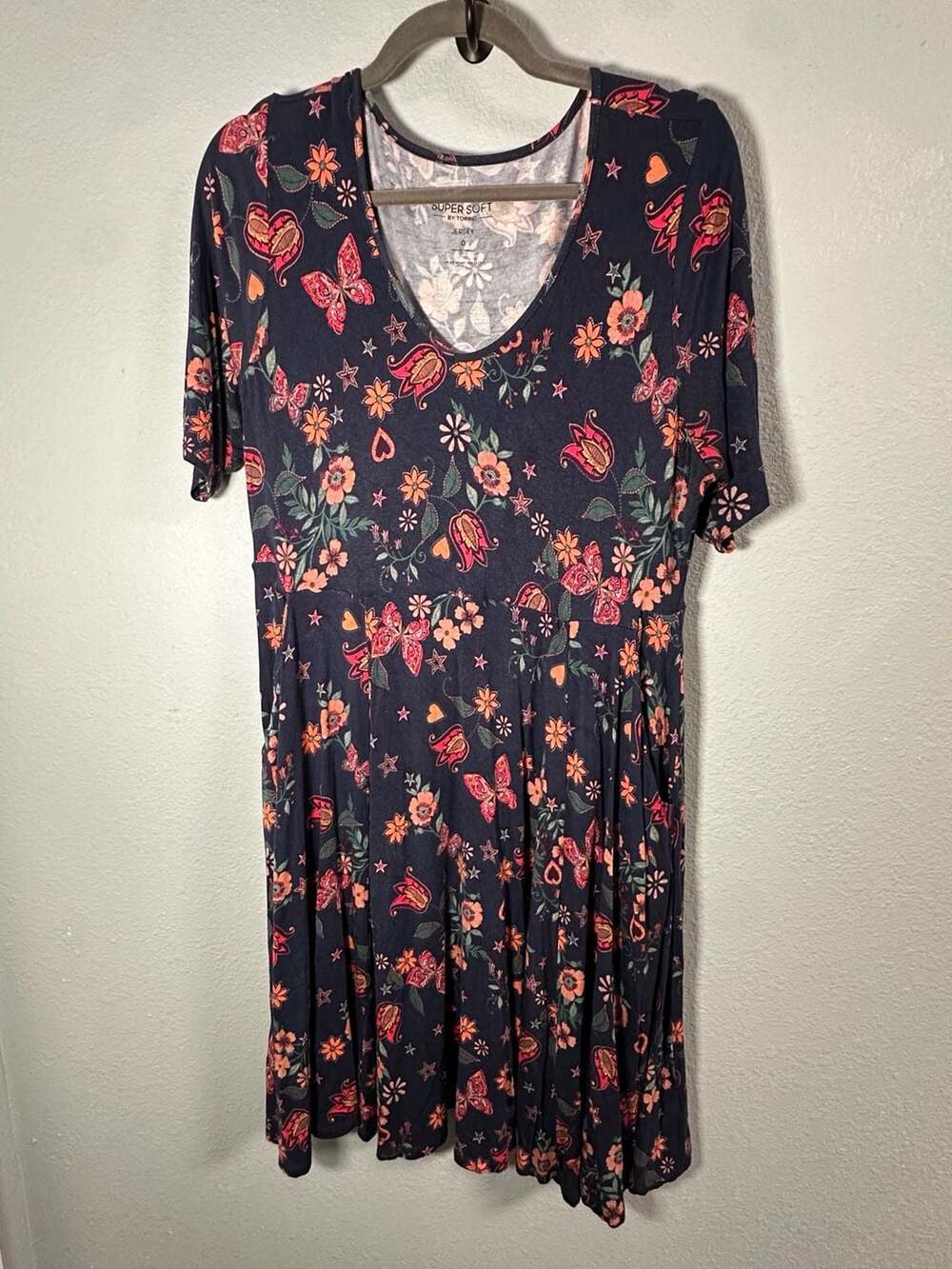 Torrid Super Soft Navy Blue Celestial Floral Butterfly Skater Dress Size 0